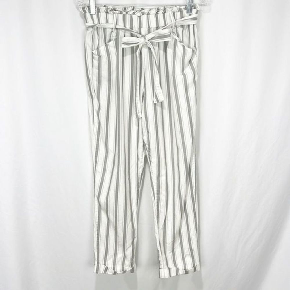 Thread + Supply Striped High Waisted Paper Bag Pant Gray & Ivory Large